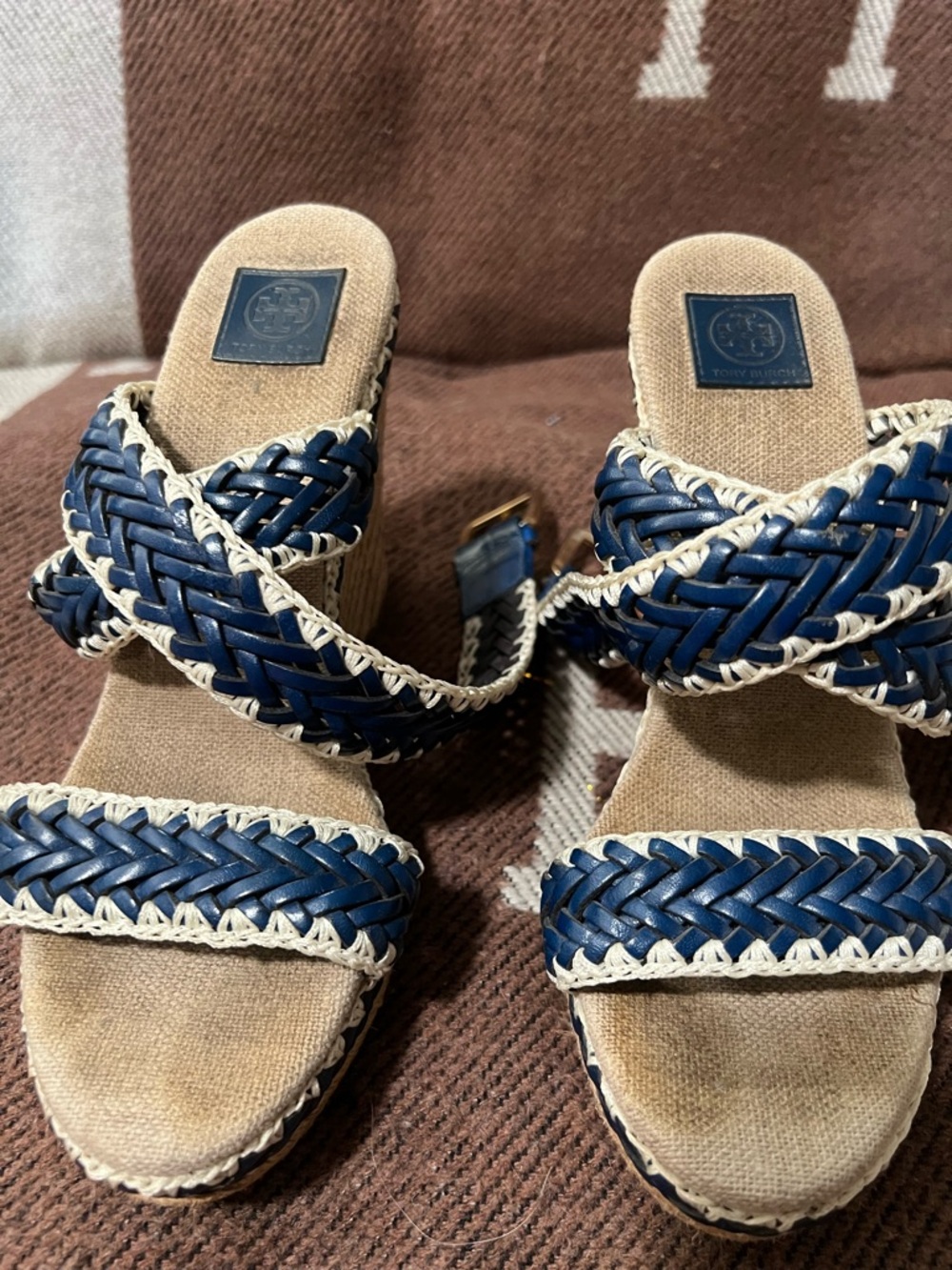 Tory Burch Navy and Cream Braided Wedge Sandals 7.5